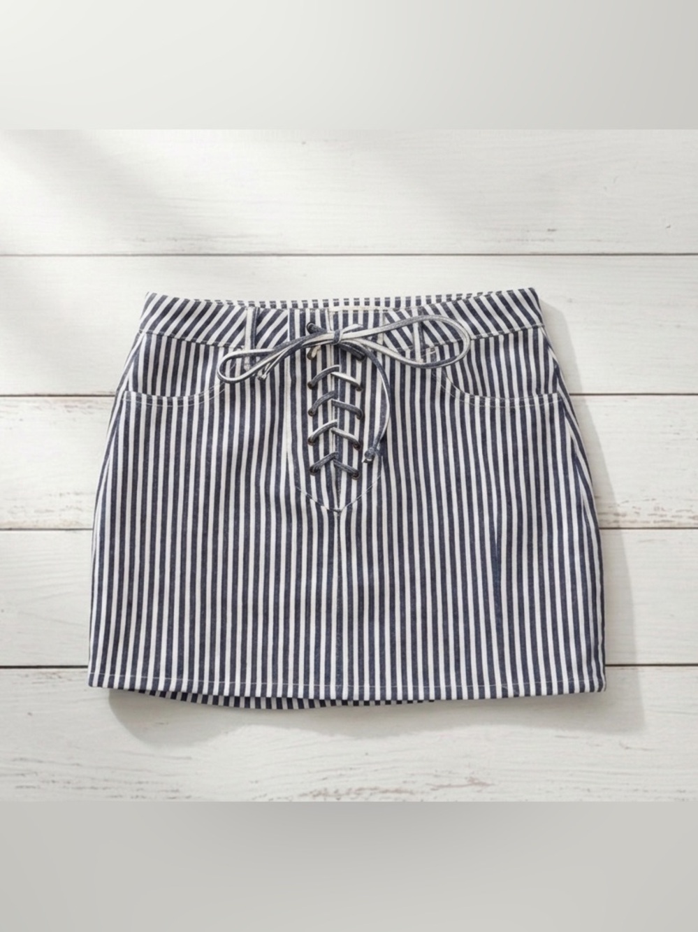 PacSun Railroad Stripe Corset Lace-Up Denim Mini Skirt Blue White XS NWT